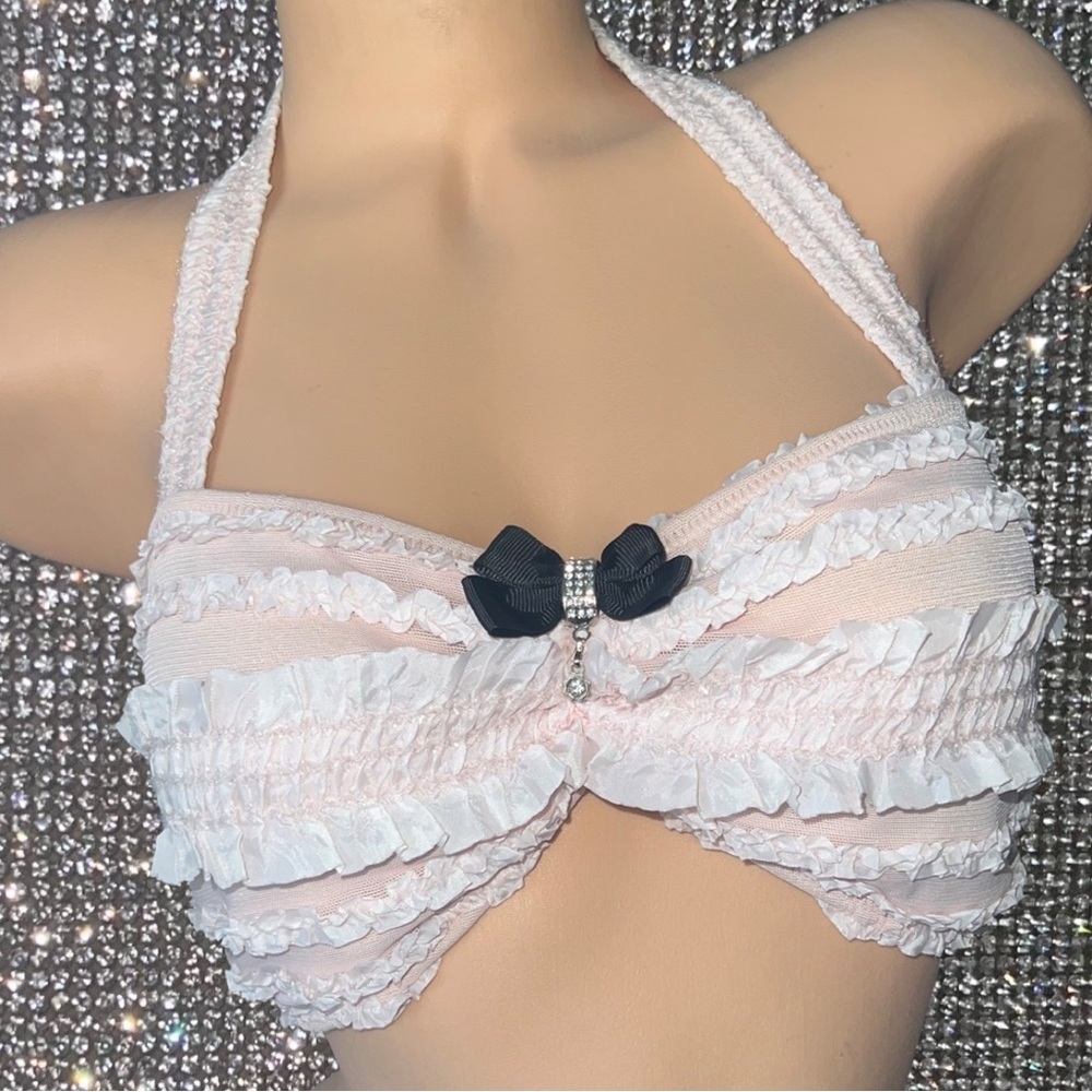 Vintage pin up girl bathing suit top bra ruffle frills babydoll rhinestone bow